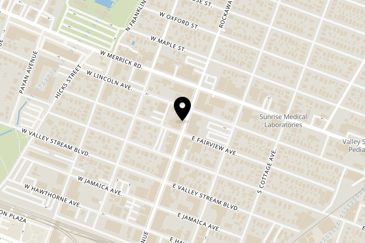 Map showing the location of Tandoori Twist Indian Grub on 64 Rockaway Ave in Valley Stream